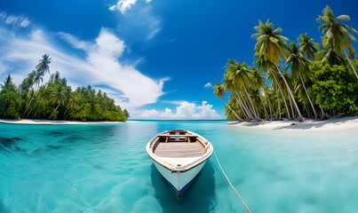 Cruise boat anchored among tropical islands with beaches and coconut palms. A summer holiday setting for relaxation.