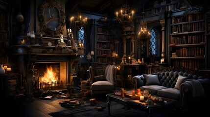 Luxury interior of the living room with fireplace and books.