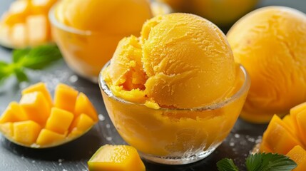   A scoop of mango ice cream rests in a glass bowl, surrounded by slices of ripe mango and melon pieces