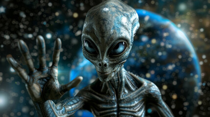 An alien with his hand raised in greeting against the background of another planet.