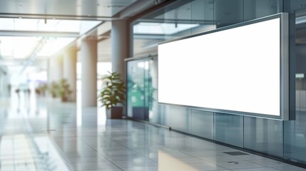 Shopping center or business mall featuring a large, high-visibility advertisement board. This blank white mockup signboard offers copy space for showcasing sales and promotional advertisements.