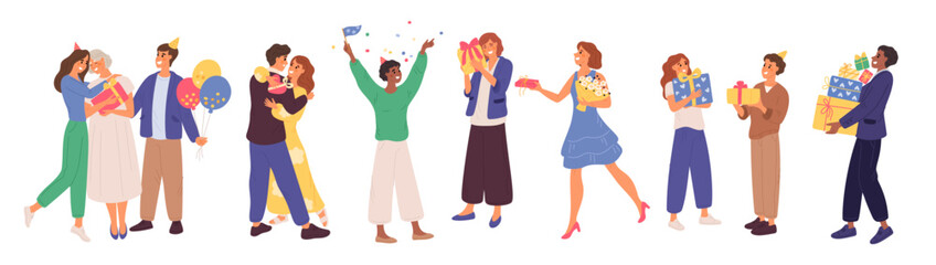 People give gifts. Congratulations on holiday and happy birthday. Festive events with presents in boxes. Friends party balloons and confetti. Celebration tradition. Garish vector set