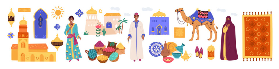 Morocco traditional elements. Ancient buildings. Arab man or woman costumes. Carpets with oriental ornaments. Muslim mosques. East souvenirs. Touristic travel objects. Garish vector set