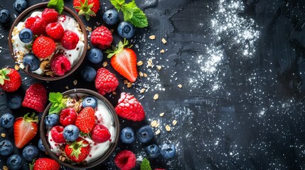   Two bowls of yogurt on a black surface, topped with strawberries and blueberries, and a few sprinkles for garnish