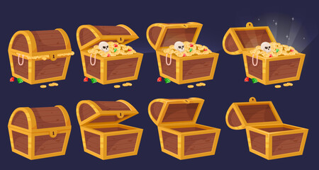 Cartoon wooden chest animation. Fabulous pirate treasure. Gold coins and gems. Precious stones. Closed or opened containers. Empty and full boxes with antique wealth. Recent vector concept