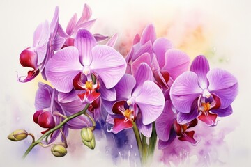 A cluster of exotic orchids with dew drops on their petals, nestled in a tropical setting, watercolor on white background, vibrant