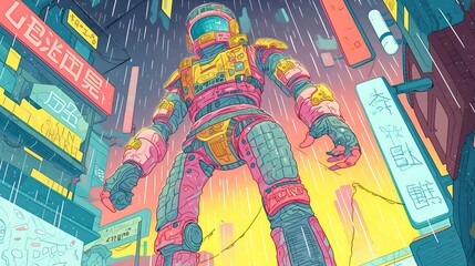Fototapeta premium Robotic Samurai, Carbon Fiber Armor, Cybernetic warrior, Hi-tech urban landscape, Rainy night, Photography, Backlights, Rear view
