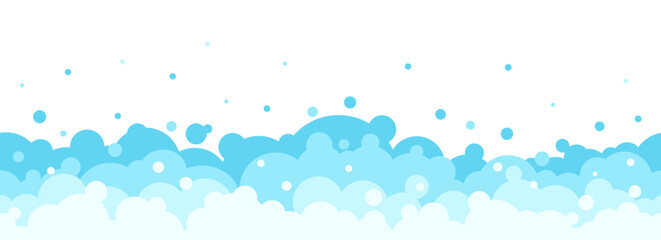 Cartoon soap foam border. Bath shampoo bubbles. Soapy frame. Blue flat balloons. Washing and bathroom hygiene. Laundry detergent balls. Cosmetic mousse. Cleaning suds. Vector background