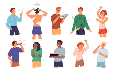 Cartoon people with bad smell. Daily hygiene. Sweating dirty man. Smoking woman. Alcohol consumption. Persons spraying deodorant and taking shower. Sweaty clothing. Garish vector set