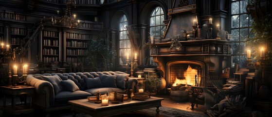 3d render of an interior with a fireplace in a dark forest