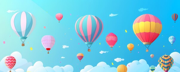 Hot Air Balloon Ride illustration background for banner of travel agency or adventure tour. Aerostat flight with beautiful clouds. Travel holiday festival in summer time.