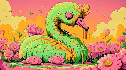 Fototapeta premium Sculpted Swan, Marble, Graceful bird sculpture nestled among blooming flowers in a serene garden, capturing its elegance Realistic, Golden Hour, Vignette, Rear view