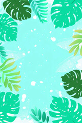 Frame made from palm and monstera leaves on a mint background. Bright summer background. Mock up. Copy space.