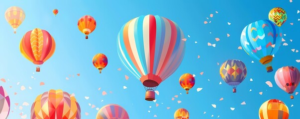 Colorful hot air balloons in the sky illustration with copy space. Travel holiday Aerostat festival in summer time.