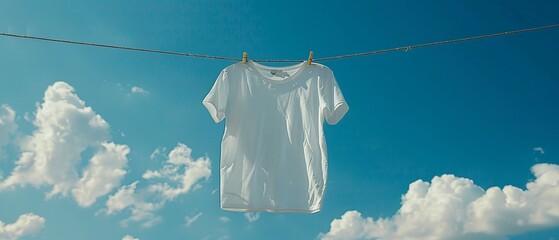 A white tshirt hangs on a clothesline, its pristine color standing out against the vivid blue sky and fluffy clouds