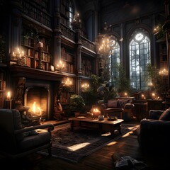 Interior of a beautiful living room with fireplace and bookshelf