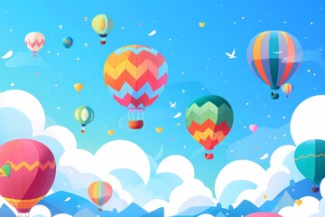 Hot Air Balloon Ride illustration background for banner of travel agency or adventure tour. Aerostat flight with beautiful clouds. Travel holiday festival in summer time. Vacation trip.