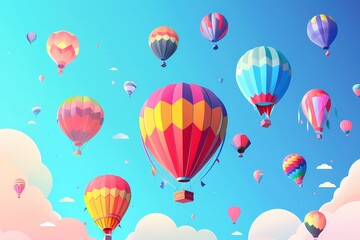 Hot Air Balloon Ride illustration background for banner of travel agency or adventure tour. Aerostat flight with beautiful clouds. Travel holiday festival in summer time. Vacation trip.