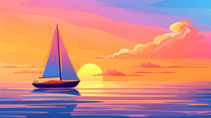Fototapeta premium A sailboat sails in the calm waters of the ocean at sunset. Serene seascape.