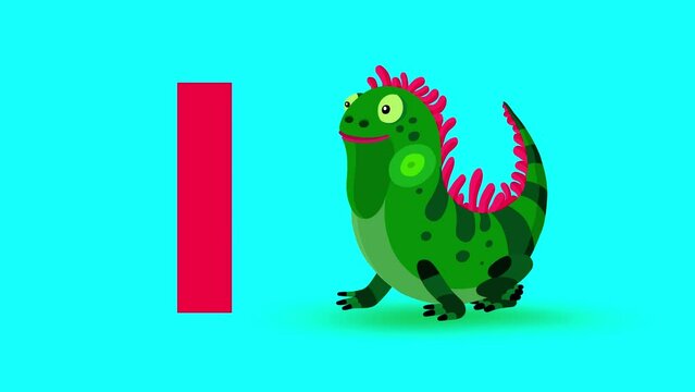 I letter big color like iguana cartoon animation. Animal tropical lizard loop. Educational serie with bold style character for children. Good for education movies, presentation, learning alphabet, etc