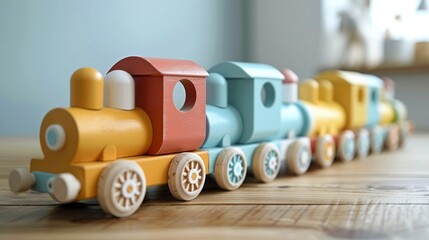 An adorable wooden train, with bright, childsafe colors and smooth edges, making it a safe and fun toy for children  8K , high-resolution, ultra HD,up32K HD