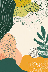 Fototapeta premium Abstract creative minimal mock up with green orange spots and leaves on a beige background. Poster, banner, frame, greeting card concept. Copy space.