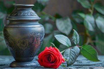 Urna pogrzebowa i czerwona róża