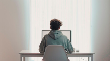 Rear view of young man using computer while sitting at desk in office