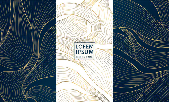 Vector set of wave gold patterns. luxury abstract line art, elegant curve textures. Premium labels, cards, minimal package, glitter silk shapes 