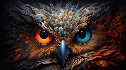 an abstract owl portrait, where vibrant double exposure paint techniques converge to create a mesmerizing portrayal of this iconic creature. - obrazy, fototapety, plakaty