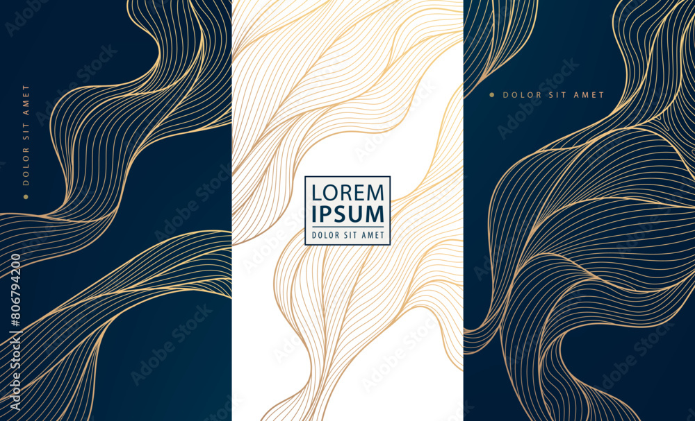 Poster vector set of wave gold patterns. luxury abstract line art, elegant curve textures. premium labels, 