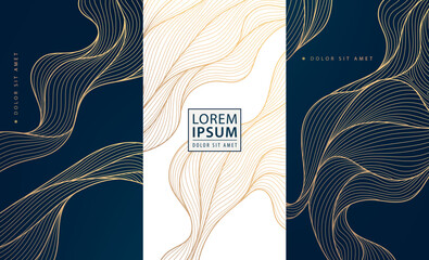 Fototapeta premium Vector set of wave gold patterns. luxury abstract line art, elegant curve textures. Premium labels, cards, minimal package, glitter silk shapes 