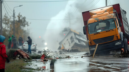 Fototapeta premium Disaster aftermath on foggy road with overturned vehicles and emergency response