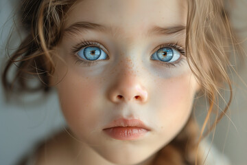 Serious young girl with piercing blue eyes and freckles staring into the camera