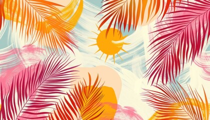 Bold Palm Tree and Sun Pattern A Graphic Oasis of Sea and Relaxation