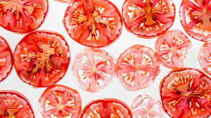 pattern of tomato slices, their translucent red surfaces reflecting light and creating intricate patterns on the white background