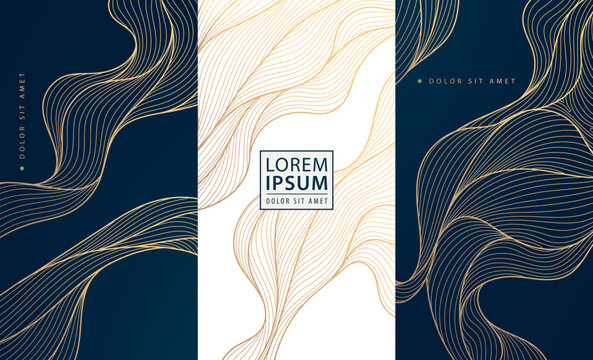 Vector set of wave gold patterns. luxury abstract line art, elegant curve textures. Premium labels, cards, minimal package, glitter silk shapes 