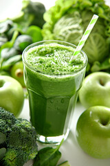A vibrant green smoothie is in focus, surrounded by various fresh vegetables and fruits on the table.  - obrazy, fototapety, plakaty