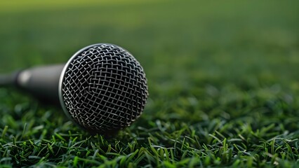 Microphone on green field symbolizing sports podcasting and journalism Copy space. Concept Sports Podcasting, Green Field, Microphone, Journalism, Copy Space