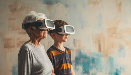 an elderly woman and a young boy wearing virtual reality goggles