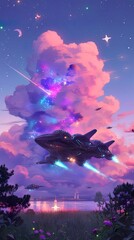 Fototapeta premium Spaceship, sleek design, landing on a new planet, alien civilization, photography, silhouette lighting, double exposure, Rear view