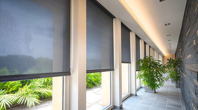 Modern corridor with roller blinds and indoor plants