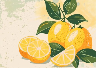 Fresh Citrus Oranges with Leaves on Vintage Background Illustration