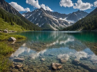 Serene mountain lake mirrors sky, surrounding peaks. Clear waters reveal submerged stones near shore. Fluffy clouds dot blue sky above rugged mountains adorned with snow patches.