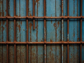 Close-up view captures texture, colors of weathered blue metal surface with vertical slats. Horizontal rusted bars intersect these slats, showing signs of corrosion, decay. Image conveys sense of age.