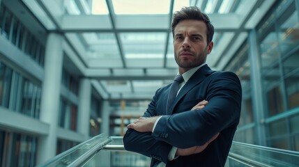 a good look man wearing business attire standing confidently inside an office building. his arms are crossed and determination has success at work. generative AI