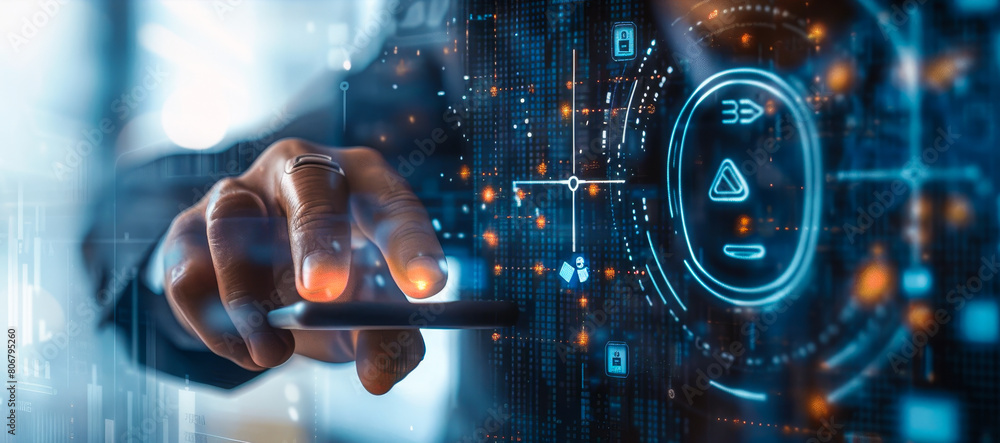 Poster businessman using biometrics security, fingerprint id, face recognition to access mobile banking app