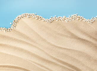 summer background with copy space made of sea sand, stones and shells