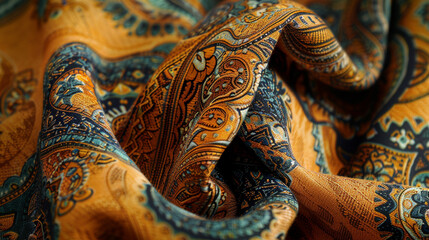 A Moroccan-inspired paisley print in exotic shades of saffron turquoise and deep indigo with...