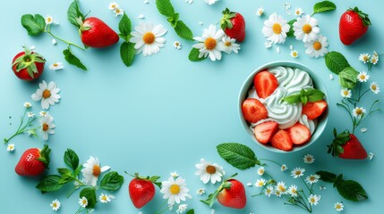   A bowl of strawberries topped with whipped cream, surrounded by daisies against a blue background